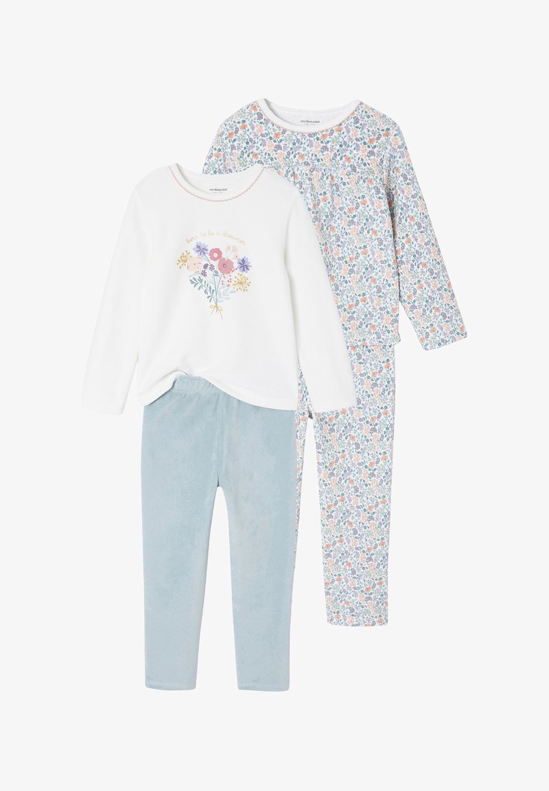 Set of two pajamas: one white top with floral embroidery and light blue fleece pants, the other with a patterned floral design.