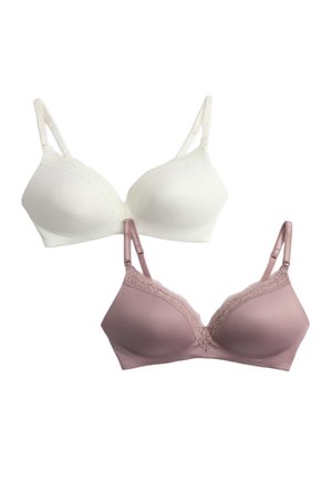 To glatte, let polstrede BH'er med blonderkant, en hvid og en mauve, begge med justerbare skulderstropper.