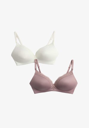 Zwei glatte, leicht gepolsterte BHs mit Spitzenbesatz, einer weiß und einer mauvefarben, beide mit verstellbaren Schulterträgern.