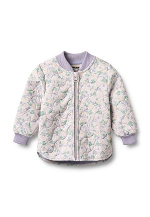 Gewatteerd peuterjasje met pastelbloemenpatroon, ritssluiting aan de voorkant en geribbelde lavendelkleurige kraag en manchetten.