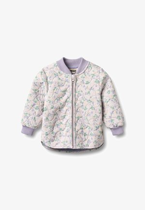 Chaqueta acolchada para niño pequeño con estampado floral en tonos pastel, cierre de cremallera en la parte delantera y cuello y puños acanalados en color lavanda.