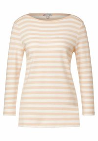 Långärmad, rundhalsad skjorta i ljus persika och vita ränder. Mjuk tyg med en slät textur och standardpassform. Inga extra dekorationer.