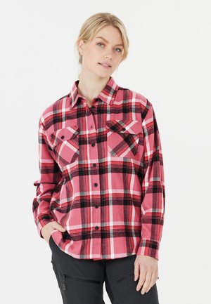 Rot und rosa kariertes Flanellhemd mit langen Ärmeln, Knopfleiste, zwei Brusttaschen und schwarzen Akzenten. Weiche Textur und lockere Passform.