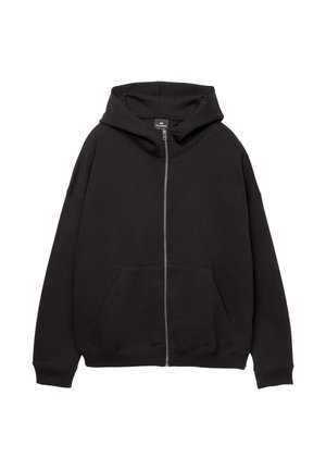 Black zip-up hoodie made of soft fabric. Features a large hood, front pockets, and ribbed cuffs. Simple, casual design.