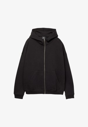 Sort zip-up hoodie lavet af blødt stof. Har en stor hætte, forlommer og ribbede manchetter. Enkel, afslappet design.