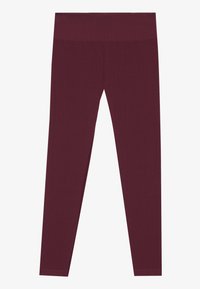 Burgundy leggings with a high waistband, made from stretch fabric. Smooth texture with no visible patterns or accents.