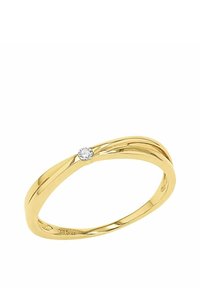 Anello d'oro con una fascia liscia e curvata, caratterizzato da un'unica pietra diamantata tonda montata in modo angolato, che mette in evidenza il suo design elegante e la texture lucida.