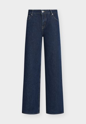 Jean en denim bleu foncé coupe droite avec poches avant, passants de ceinture, fermeture par bouton et détails de couture visibles.