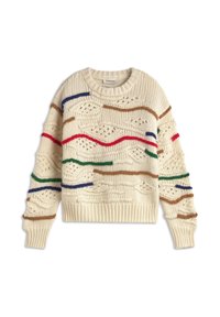 Strickpullover in Creme mit mehrfarbigen Streifen in Rot, Grün, Blau und Braun. Verfügt über strukturierte Muster sowie gerippte Bündchen und Saum.