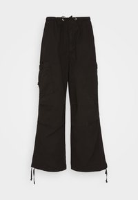 Černé cargo kalhoty s páskem na stažení, širokým střihem a několika bočními kapsami. Vyrobeno z lehké látky s hladkým povrchem.