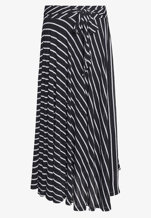 Jupe portefeuille rayée noir et blanc avec des lignes diagonales et un nœud noué à la taille, longueur midi fluide.