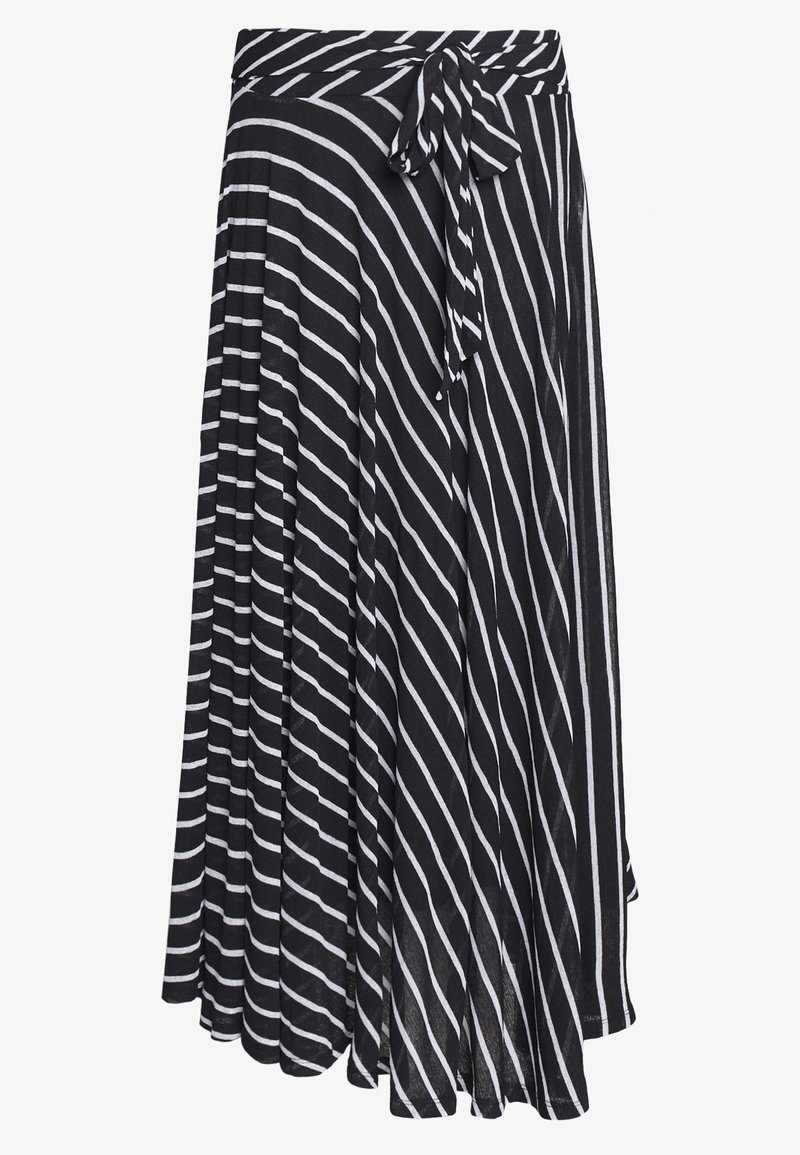 Jupe portefeuille rayée noir et blanc avec des lignes diagonales et un nœud noué à la taille, longueur midi fluide.