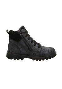 Schwarz-graue, strukturierte Schnür ankle boots mit seitlichem Reißverschluss, gepolsterter Kragen und robuster Gummisohle.