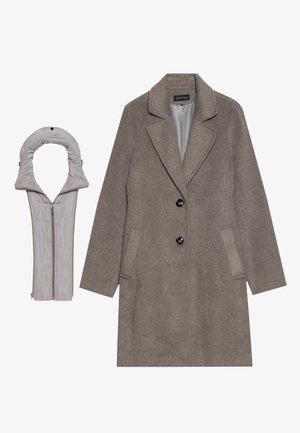 Wool blend coat in gray with notch lapels, two buttons, side pockets, and a detachable gray padded collar. Smooth inner lining is visible.