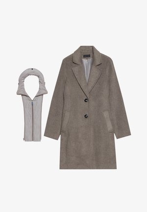 Wool blend coat in gray with notch lapels, two buttons, side pockets, and a detachable gray padded collar. Smooth inner lining is visible.