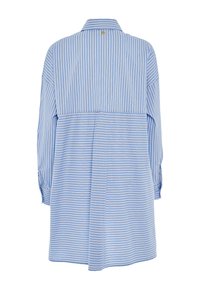 Abito camicia a righe blu e bianche con colletto, maniche lunghe e piega sul retro, realizzato in un tessuto leggero. Chiusura con bottoni sui polsini.