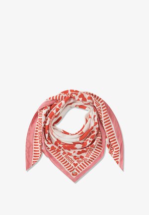 Quadratisches Seidenschal mit rotem Herz- und "BISOU"-Schriftmuster, gefaltet mit rosa Rändern, auf weißem Hintergrund dargestellt.