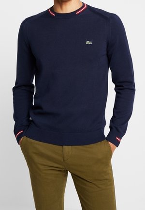 Mann trägt marineblauen Pullover mit rot-weiß gestreiften Abschluss und brauner Hose, Hände in den Taschen, steht vor weißem Hintergrund.