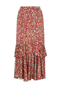 Fustă midi cu model roșu și alb, cu margine ondulată stratificată și talie elastică, având un design floral abstract cu accente de verde teal și violet.