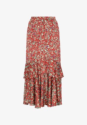 Red and white patterned midi skirt with layered ruffle hem and elastic waistband, featuring abstract floral design in teal and purple accents.
