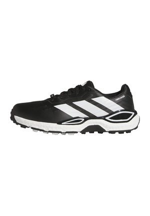 Chaussure de course Adidas noire et blanche avec trois bandes blanches, semelle texturée et fermeture à lacets, vue de profil.