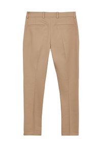 Pantaloni sartoriali beige con vestibilità slim, realizzati in tessuto morbido, dotati di due tasche posteriori e una vita piatta con passanti per cintura.