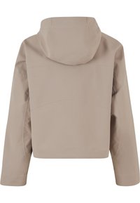Beige cropped jack met lange mouwen, aansluitende manchetten en een aangehecht kapje, van achteren getoond op een witte achtergrond.
