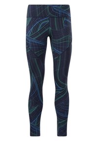 Leggings sportivi a vita alta di colore navy con motivi astratti in verde e blu, caratterizzati da un tessuto morbido ed elasticizzato e cuciture ergonomiche.