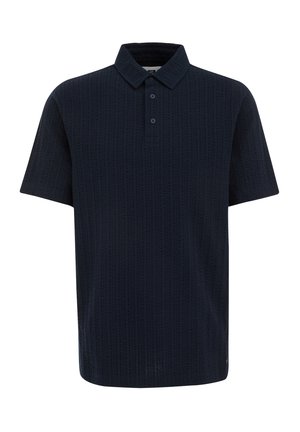 Navy blue polo shirt with a textured pattern, short sleeves, and a buttoned collar. Made of a soft fabric with a relaxed fit.