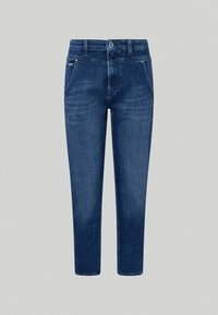 Jeans de mezclilla en azul oscuro con un corte recto, que cuentan con cinco bolsillos, un cierre de botón metálico y un ligero desvanecimiento en los muslos.