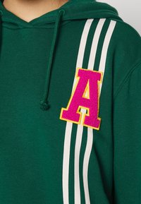 Felpa verde con strisce bianche sulle maniche, caratterizzata da una grande patch rosa e gialla a forma di "A" sul davanti. Tessuto morbido e cappuccio regolabile.