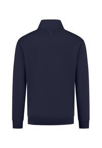 Navy blue long-sleeve polo shirt with a stand-up collar, ribbed cuffs, and hem. Smooth texture with a subtle triangular logo on the back.