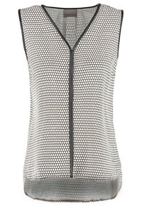 Blouse sans manches à encolure en V, présentant un motif losange noir et blanc avec une fermeture éclair à l'avant. Tissu léger et transparent avec un ourlet incurvé.