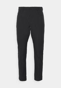 Svarta byxor i ett slätt, elastiskt material. Har en klassisk rak ben-design med fem fickor och bälteshällor.