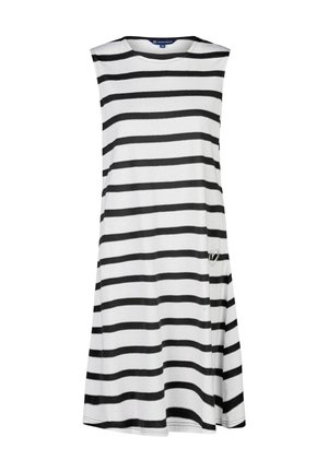 Robe sans manches à rayures noires et blanches en coton doux, avec un col arrondi et un petit détail en forme de cœur sur le côté.