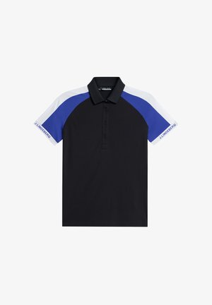 Schwarzes Poloshirt mit blauen und weißen Raglanärmeln, einer Knopfleiste mit drei Knöpfen und Logodetail am Arm. Hergestellt aus glattem Stoff.