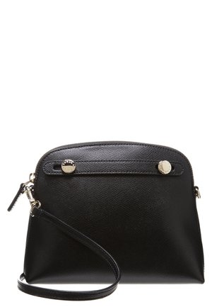 Black textured leather wristlet bag with silver button details and detachable strap, zipped top closure, rectangular rounded shape.
