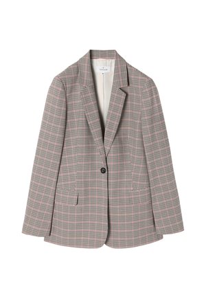 Kostkovaný blazer v béžové, červené a černé barvě, s jedním knoflíkovým zapínáním, klopovým límcem a dvěma předními kapsami. Měkká textura a přizpůsobený střih.