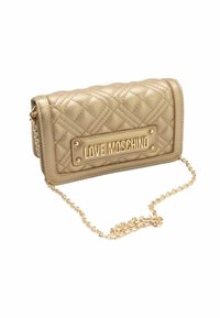 Quilted gold synthetic shoulder bag with gold chain strap and prominent Love Moschino logo plaque. Compact rectangular shape.