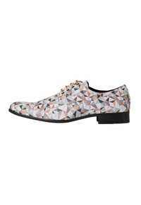 Gray dress shoe with a geometric pattern in red, orange, black, and white. Features a flat black sole and lace-up design.