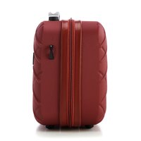 Red hard-shell suitcase with textured surface, features a double zipper and a top carry handle, compact rectangular shape with rounded edges.