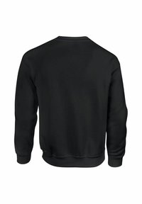 Sudadera negra de manga larga y cuello redondo vista desde la parte trasera, con puños y cintura acanalados sobre un fondo blanco.