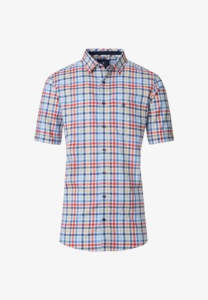 Korte mouwen overhemd met knopen, ontworpen met een meerkleurige ruitpatroon in rood, blauw en beige, voorzien van een stijlvolle kraag en marineblauwe knopen.