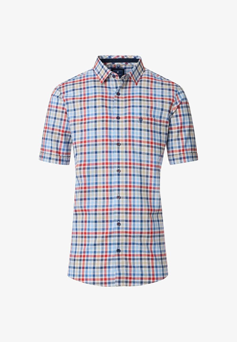 Koszula z krótkim rękawem zapinana na guziki, ozdobiona wielokolorowym nadrukiem w kratę w odcieniach czerwieni, niebieskiego i beżu, z eleganckim kołnierzykiem oraz granatowymi guzikami.