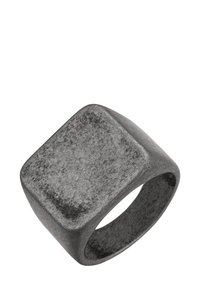 Sculptural gray metal ring with a square face and rounded band, featuring a matte texture and subtle weathering details.
