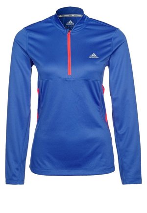 Blue Adidas long-sleeve athletic top with red quarter zipper and logo on chest, designed for running or sports activities.