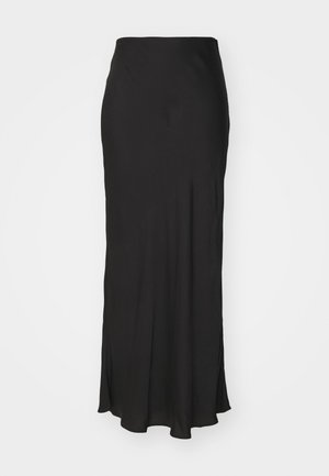 Black maxi skirt made of smooth material, featuring a fitted waist and a slight flare at the hem with side slits for added movement.