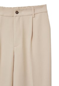 Beige Hosen mit glatter Textur, ausgestattet mit einer vorderen Tasche, schrägen Falten und einem Knopfverschluss an der Taille. Flexibles Bunddesign.