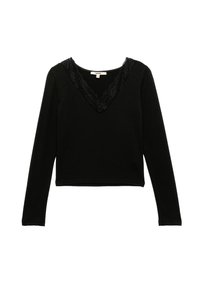 Zwarte lang vertegenwoordigde top met een diepe V-halslijn afgewerkt met delicate kant, met een zachte, gladde textuur en een cropped zoom.