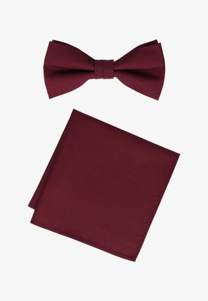 Bordeauxroter Fliegenbinder aus Stoff und dazu passendes gefaltetes Einstecktuch auf weißem Hintergrund präsentiert.